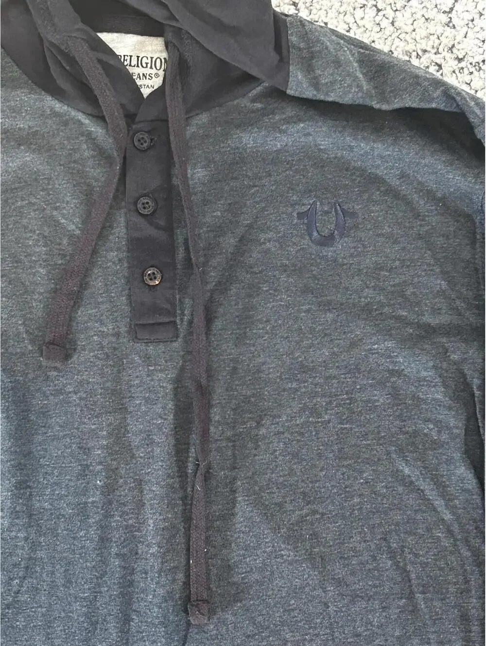 True Religion Mens Hooded Henley Long Sleeve Tee Dark Denim Heather L $109